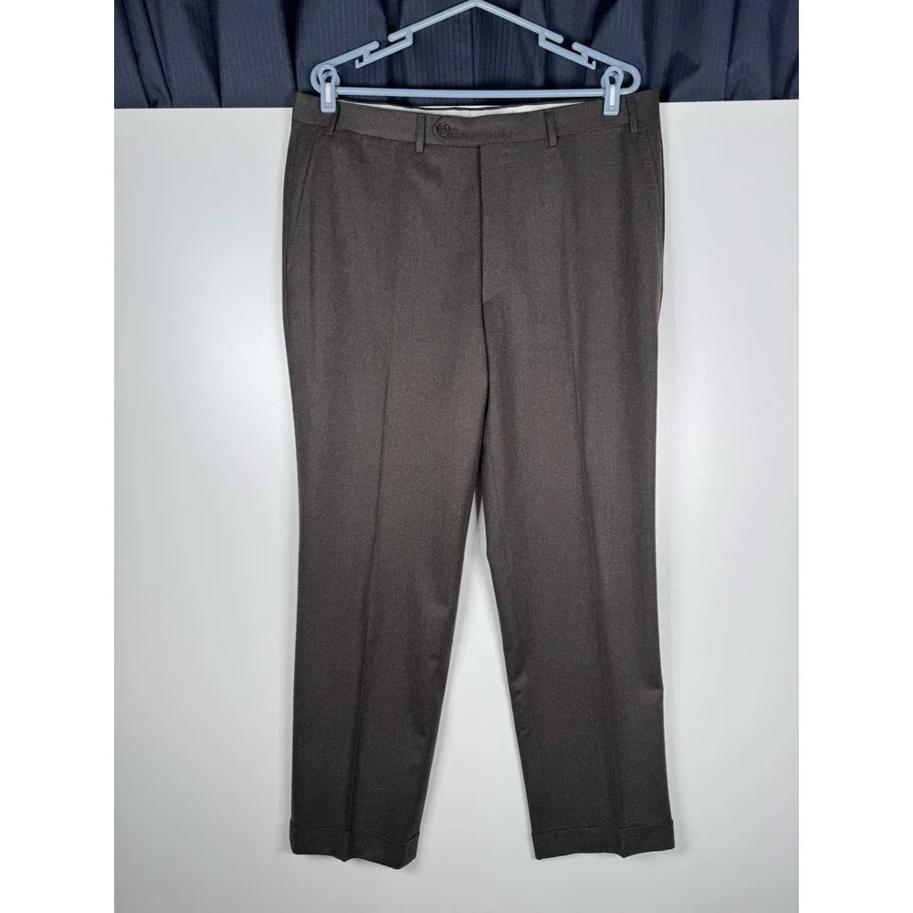 Canali Brown Wool Trousers Pleated Cuffed Dress Pants Relaxed - Men's 36x30